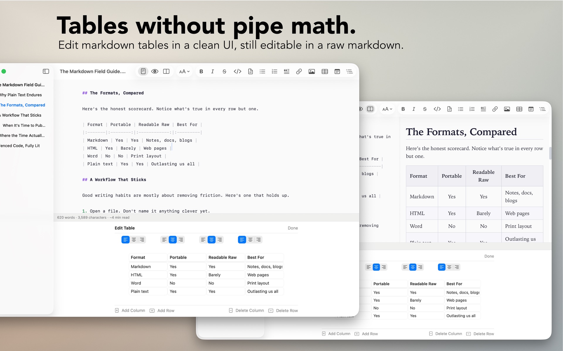 Tables without pipe math.